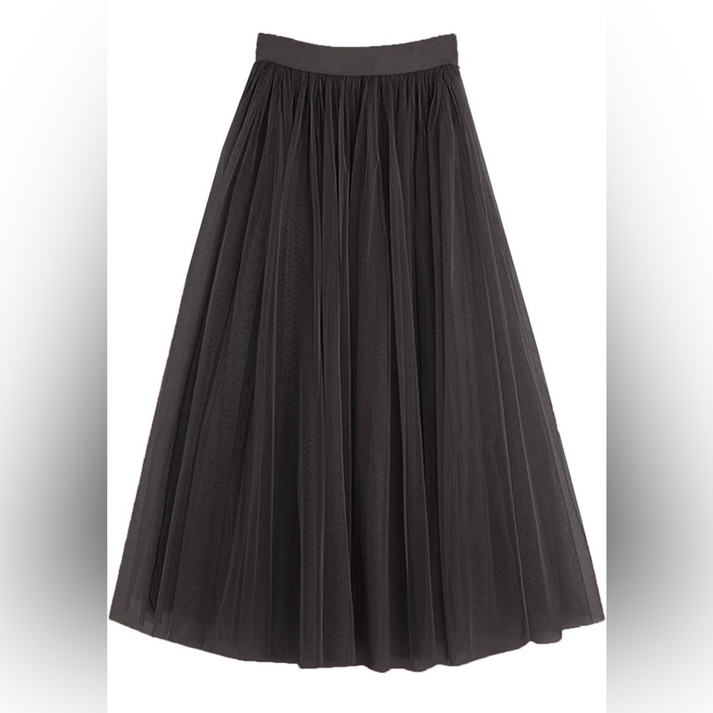 Elegant Midi Tulle Skirt Elastic Waist 3 Layered, Black Medium